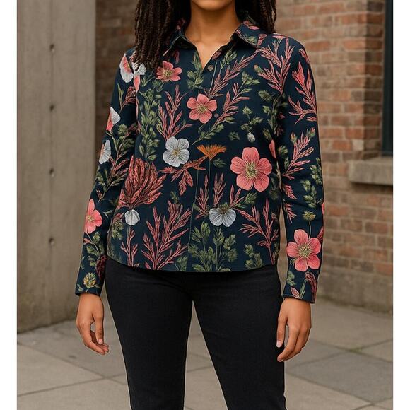 Floral Tropical Blouse Womens SIze 2 Black Background - Picture 1 of 5